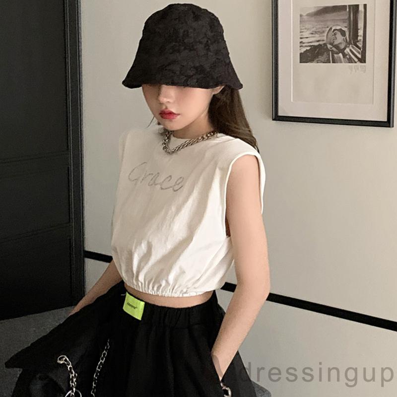 Áo Croptop Sát Nách Cổ Tròn Dáng Rộng Đính Đá In Chữ Cá Tính Cho Nữ