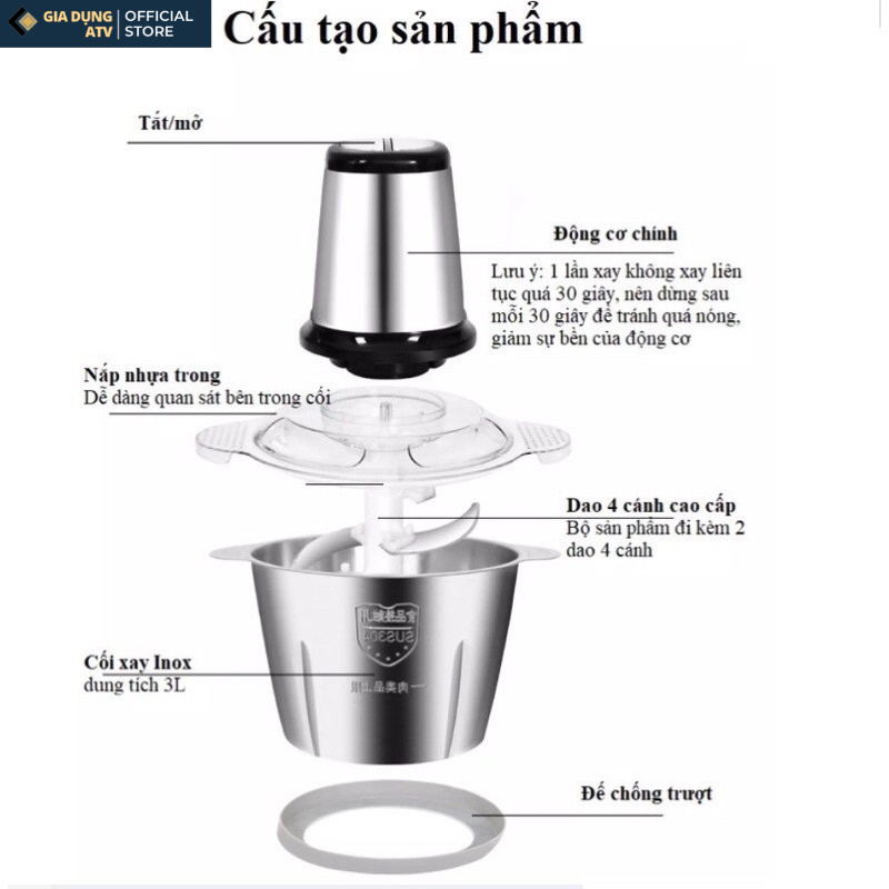 Máy Xay Thịt , Máy Xay Đa Năng Cối Inox Đa Năng Dao 4 Lưỡi FOOD PROCESSOR - Thiết bị xay trộn nghiền (bảo hành 6 tháng)