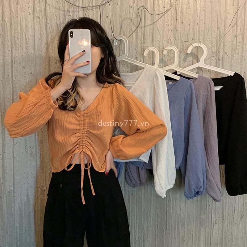 Áo kiểu tay ngắn cổ chữ V phối dây rút thời trang tùy chọn màu sắc dành cho nữ