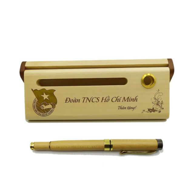 Bút gỗ khắc tên theo yêu cầu BG01 (Bút nắp, mực nước, hộp có khay namecard) | LASER BÌNH THUẬN