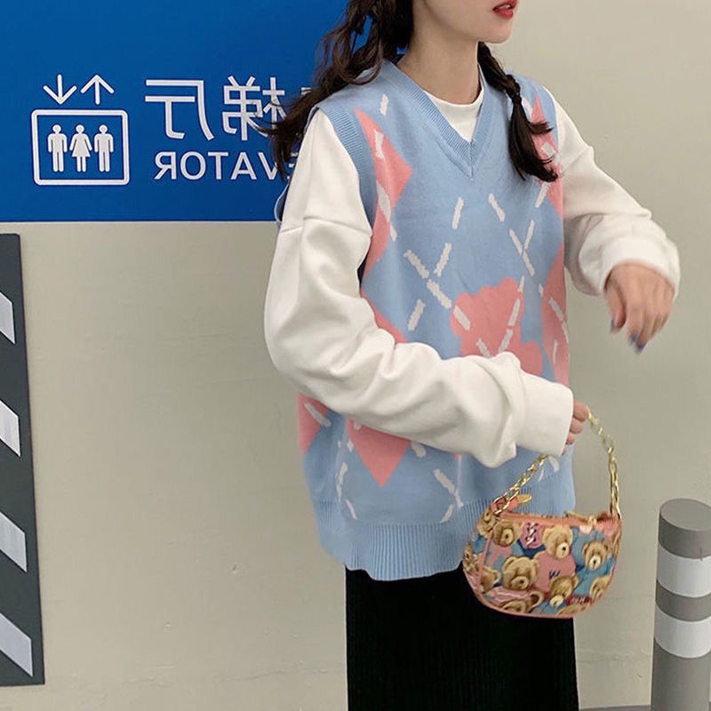 Áo Gile Len Nữ Ulzzang Hàn Quốc, Gile Len Quảng Châu Họa Tiết Gấu Phối Màu Hồng Xanh Gấu