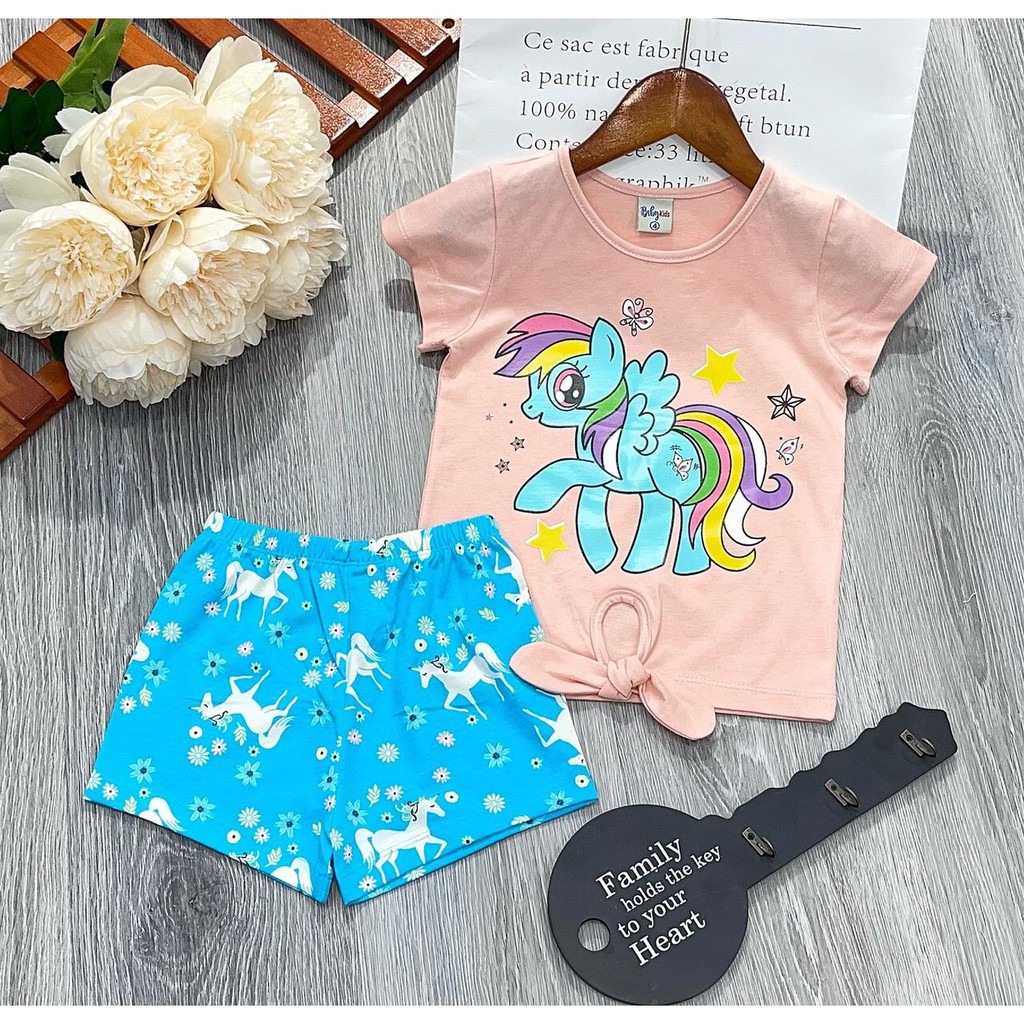 0-4T | Bé gái | Bộ ngắn thun cotton thắt nơ eo phối quần bông