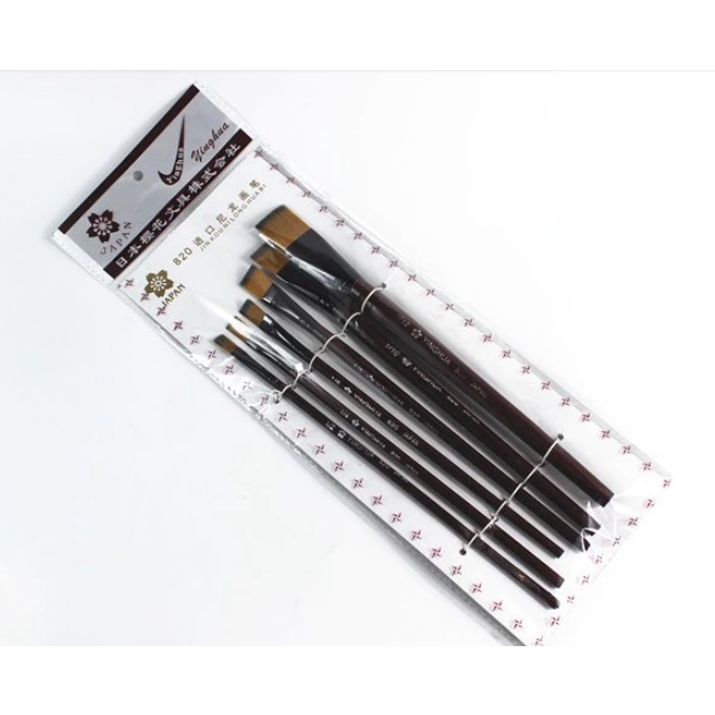 Bộ cọ 6 cây đầu bằng nâu mã hàng 820/Bộ cọ đầu bằng 6 cây