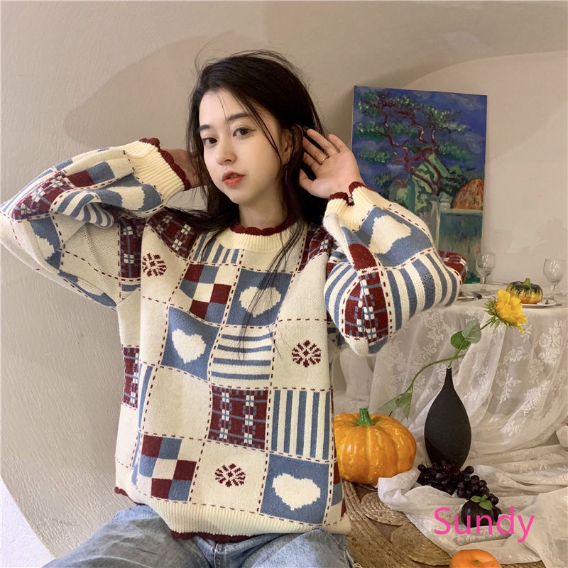 Áo Sweater Tay Dài Dáng Rộng Kẻ Sọc Thời Trang Mùa Đông Cho Nữ