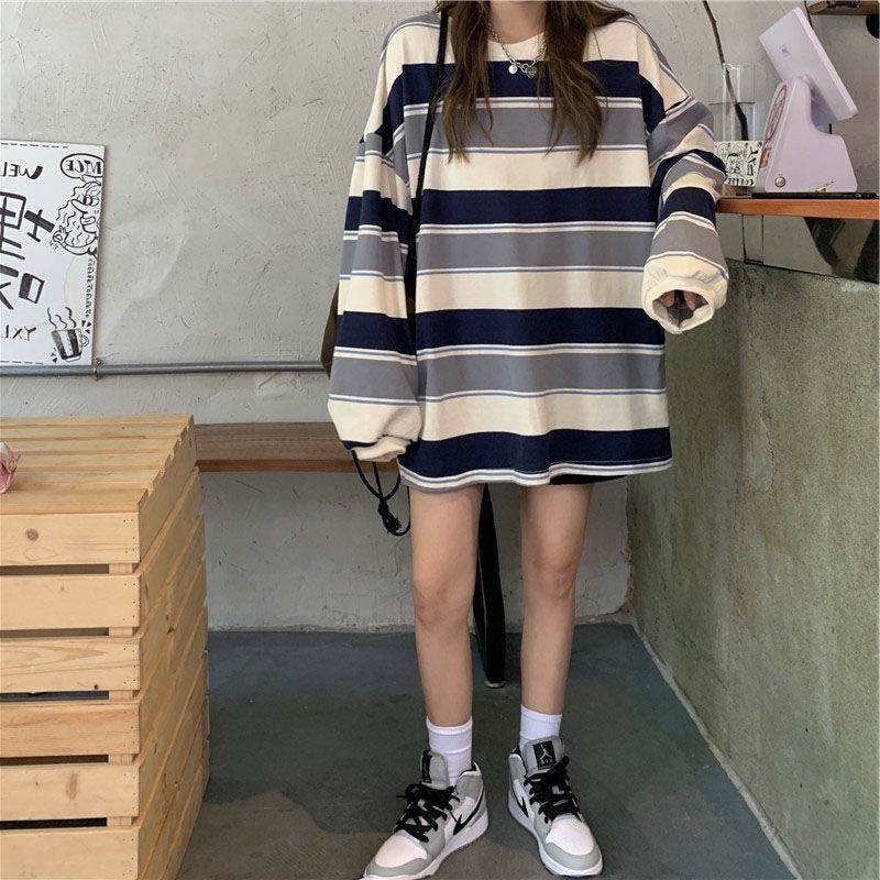 Áo Thun Tay Dài Dáng Rộng Họa Tiết Kẻ Sọc Thiết Kế Mới Thời Trang Theo Phong Cách Hàn Quốc Dành Cho Nữ