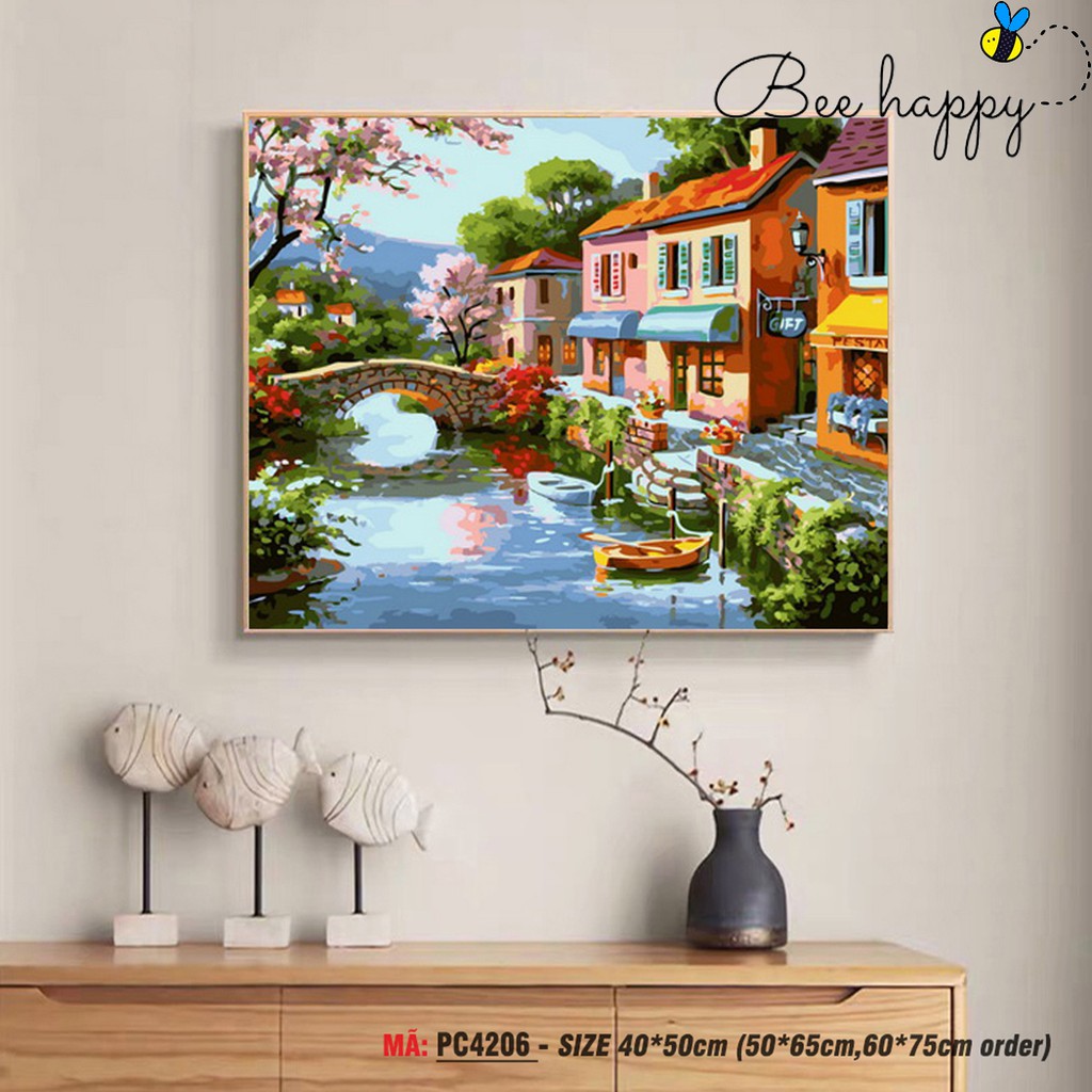 Tranh tô màu theo số BEE HAPPY mùa xuân bên cầu PC4206