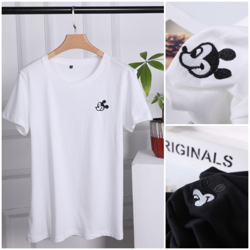 (NEW) Áo Thun Thêu Hình Chuột Mickey Unisex Màu Trắng Đen-Có Size Trẻ Em