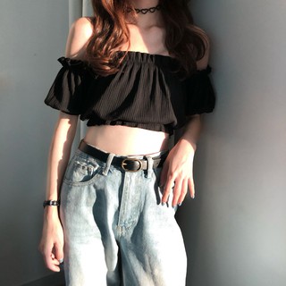 Áo bẹt vai gợi cảm nữ màu đen tay ngắn croptop hở bụng sexy ulzzang