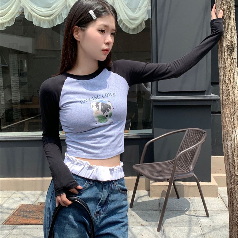 Áo Thun Tay Dài Dáng Ôm In Họa Tiết Dễ Thương Phối Màu Tương Phản Thời Trang Cho Bạn Gái