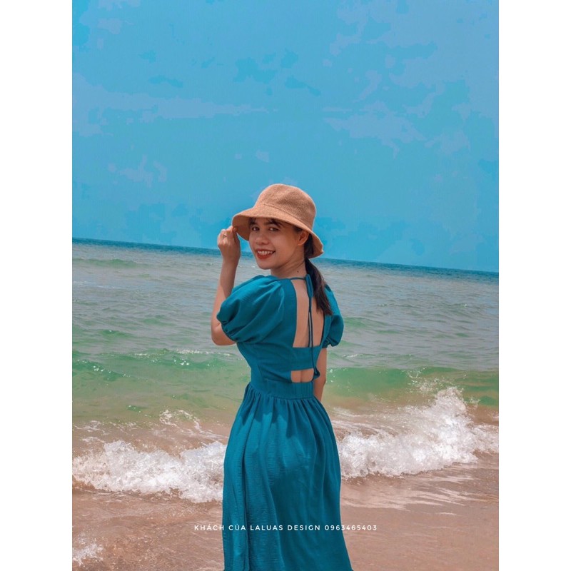 [Hình thật]Đầm xanh cổ vịt hở lưng form dài may 2 lớp Laluas | BigBuy360 - bigbuy360.vn