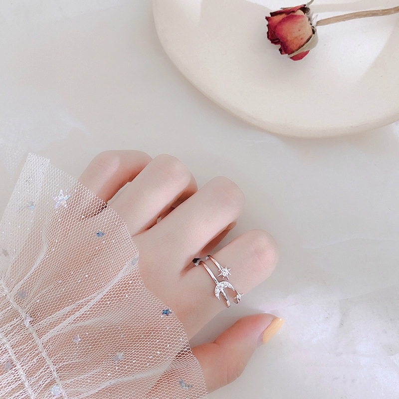 Nhẫn bạc 925 hai lớp hình trăng sao đính đá lấp lánh phong cách Hàn Quốc cho nữ
