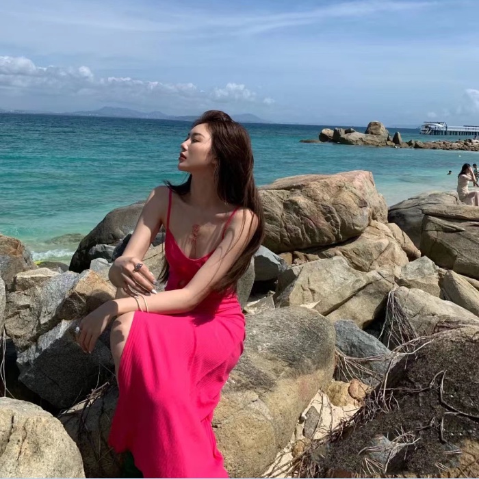 Đầm Dài Hai Dây Cổ Chữ V Hở Lưng Màu Trơn Dành Cho Nữ