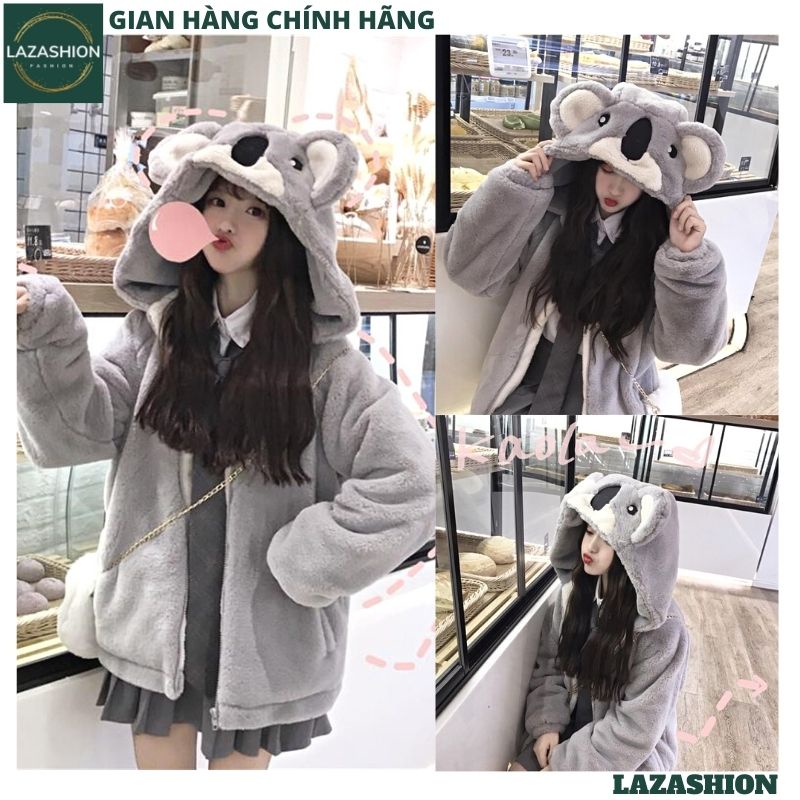 Áo khoác hoodie nỉ bông lông xù mũ tai Chuột Gấu Koala siêu đáng yêu, Áo Khoác Lông Cừu Dáng Rộng Có Mũ Trùm Đầu - LAZA