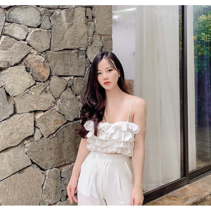 Áo 2 Dây Croptop Bèo 4 Tầng Nút Gỗ (TRẮNG) | BigBuy360 - bigbuy360.vn