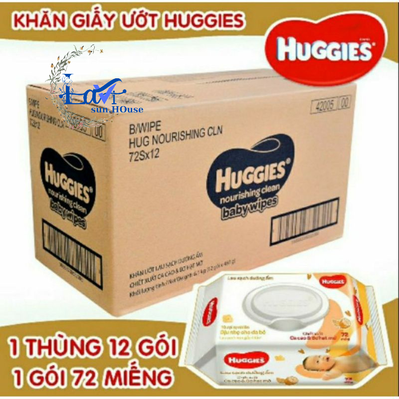 Thùng 12 gói Khăn ướt Huggies chiết xuất Cao cao và Bơ hạt mỡ