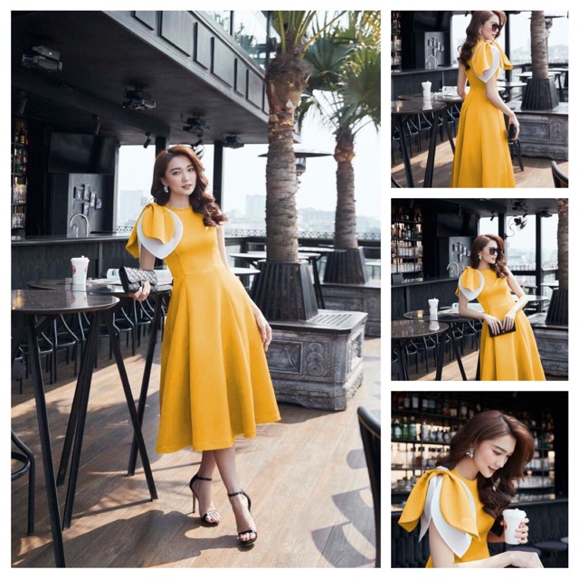 ( ẢNH VÀ VIDEO THẬT1000%) Đầm kết lá phối màu kèm nơ cài đá