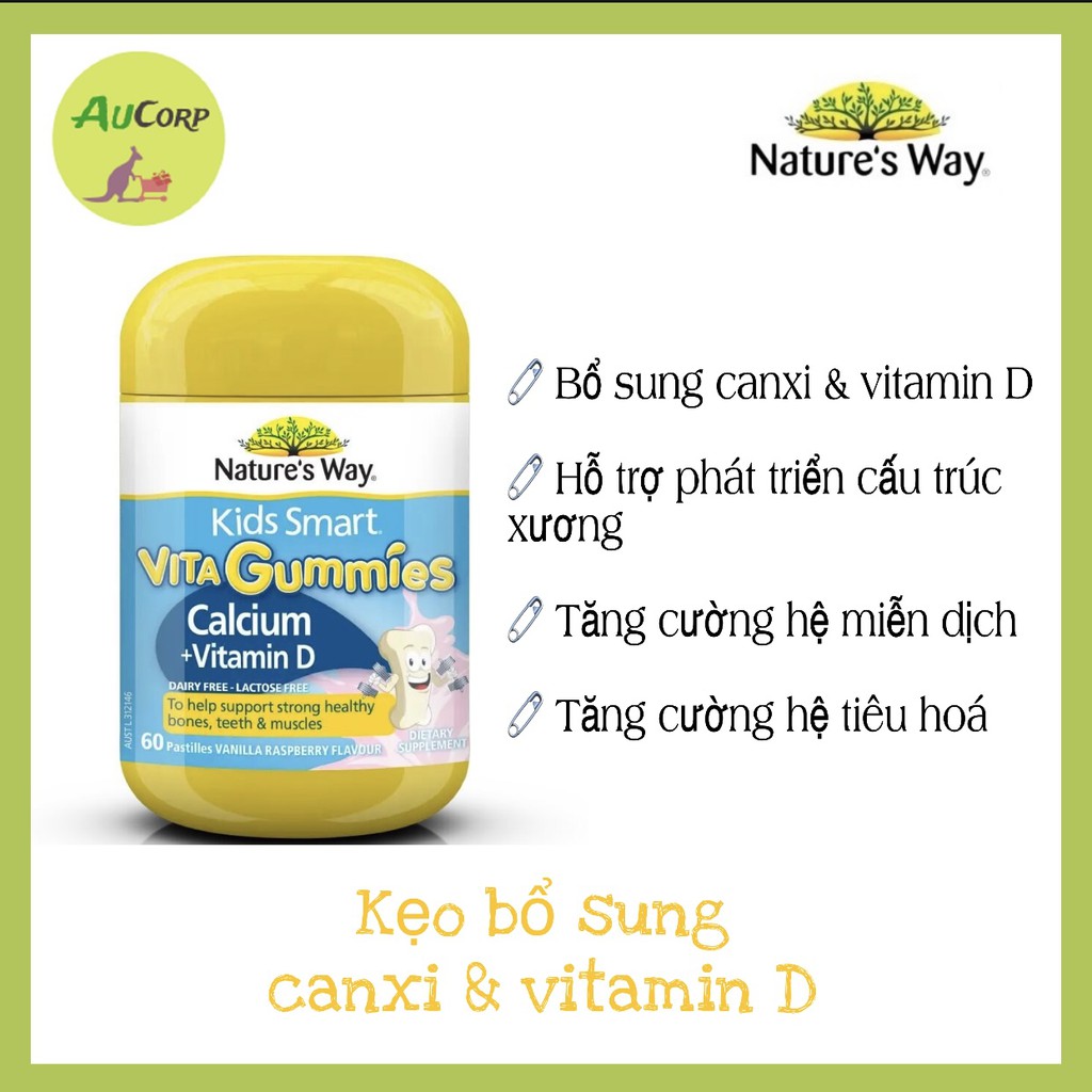 Kẹo dẻo Nature's Way Kids Smart VITA Gummies Calcium + Vitamin D - ÚC - 60 viên - Bổ sung Canxi và vitamin D cho trẻ