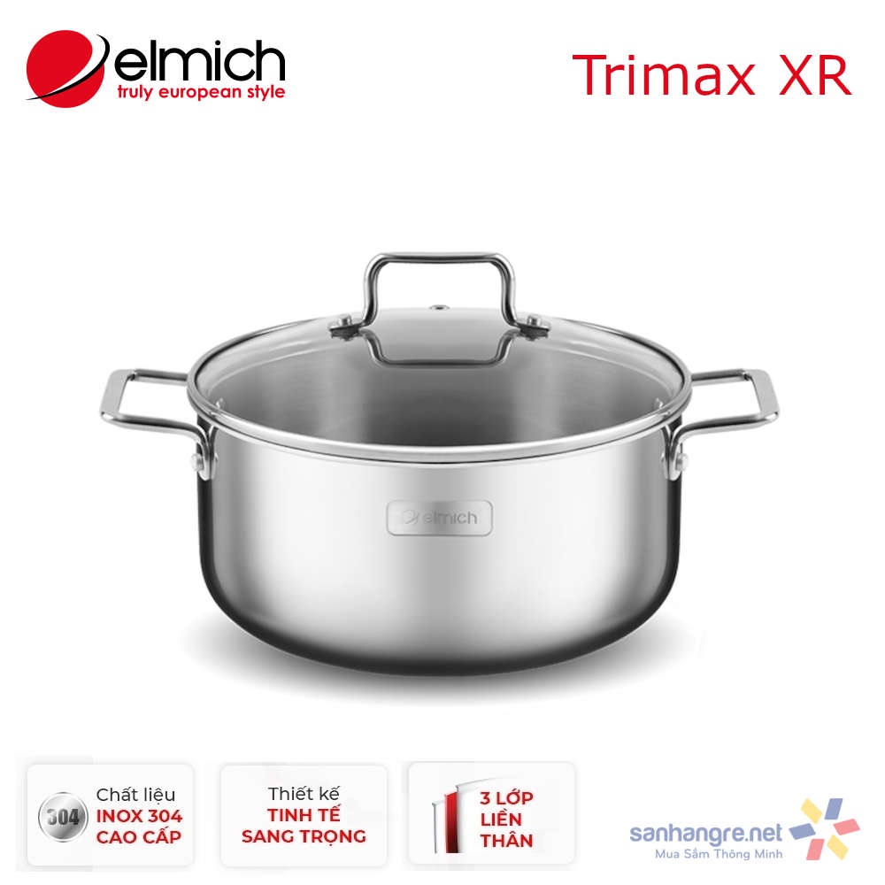 Nồi inox 304 liền khối vung kính đáy từ Elmich Trimax XR EL-3841 đường kính miệng 20cm dung tích 2.8 lít