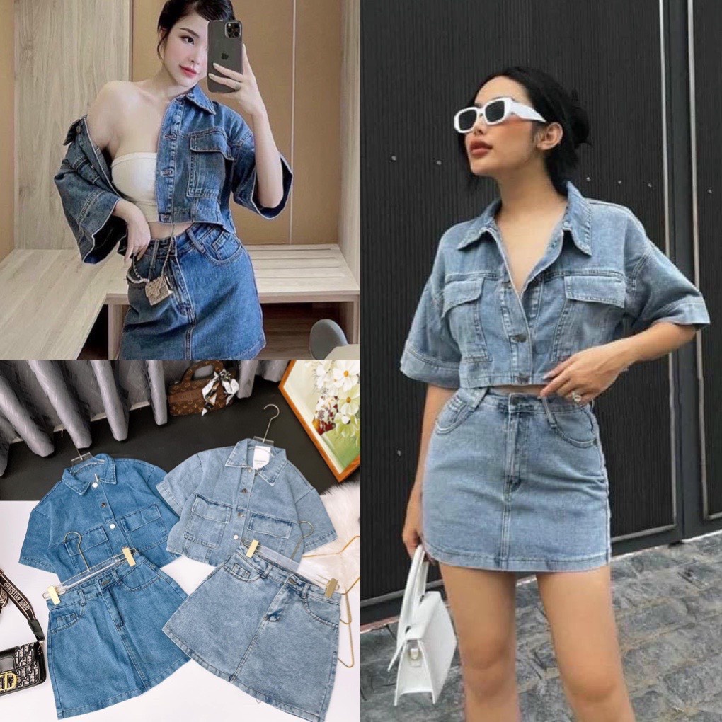 Sét áo jean croptop kèm chân váy jean kiểu dáng chữ A kiểu phong cách hàn quốc