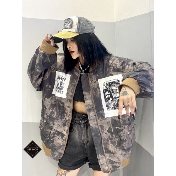 Áo jacket camo chắp vá chất liệu kaki dày