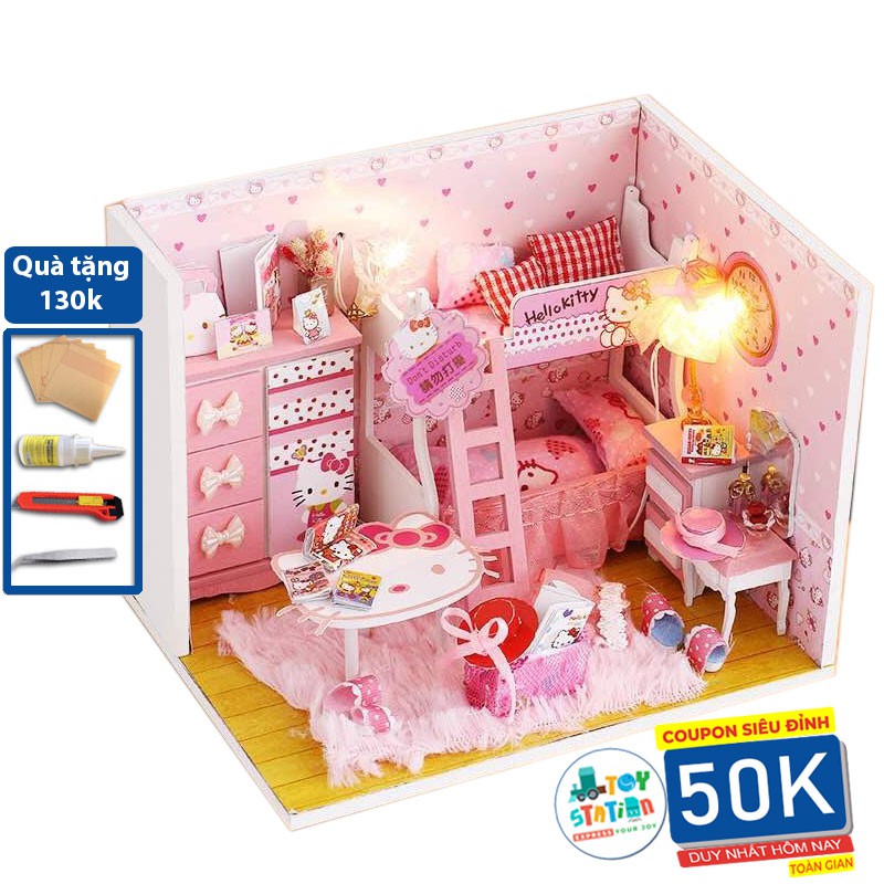 Mô hình Nhà búp bê Hello Kitty có đèn led tặng kèm keo dán và dụng dụng lắp ráp và mica ToyStationVN