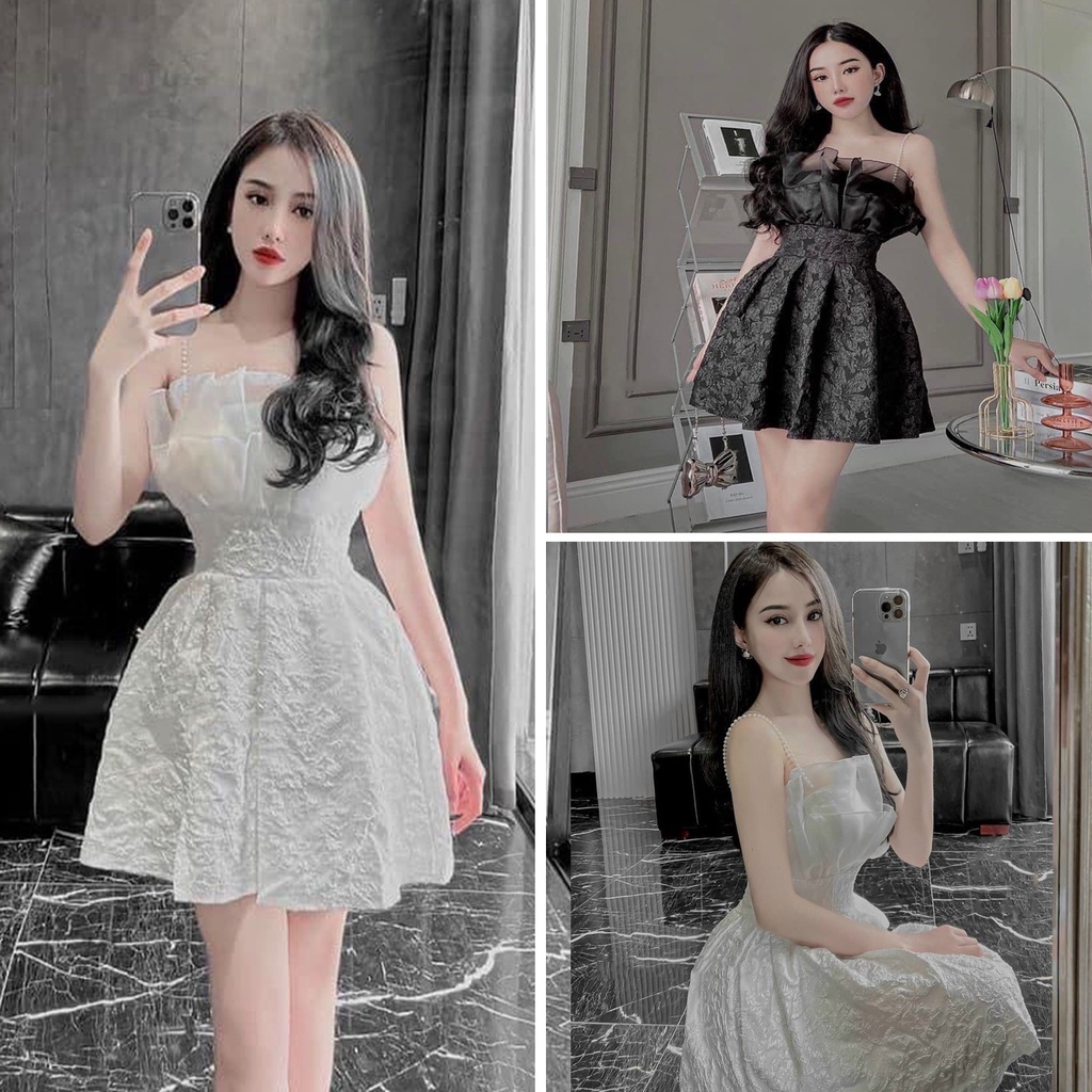 Váy dự tiệc dây ngọc dáng ngắn hoa xốp nổi hai màu đen trắng - Đầm thiết kế dạ hội bèo ngực gấm hoa sang chảnh