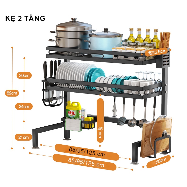 Kệ Bát Đĩa Thép Inox 304 1 - 2 Tầng, Giá Đựng Bát Đĩa Gác Bồn Rửa Thế Hệ Mới, Kèm Các Phụ Kiện Tiện Ích MKS002