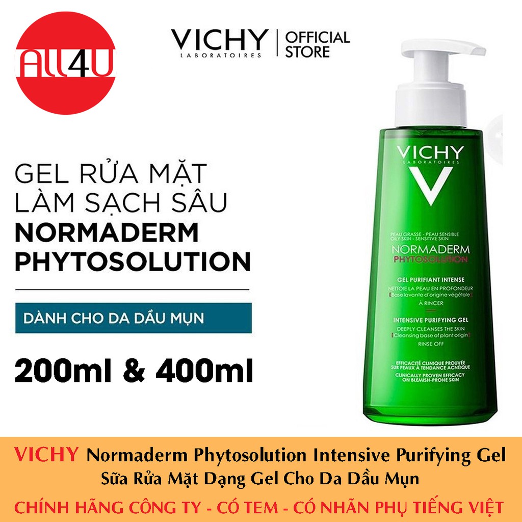 [TEM CTY] Vichy Normaderm Phytosolution Intensive Purifying Gel 200mL & 400mL - Sữa Rửa Mặt Dạng Gel Cho Da Dầu Mụn