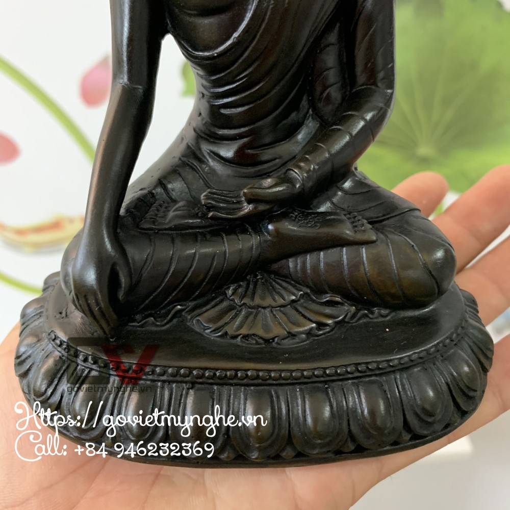 Tượng đá trang trí phòng thờ Đức phật Thích ca ngồi trên tòa sen thiền ấn - Xúc địa ấn | Chiều cao 14cm - Màu nâu đen