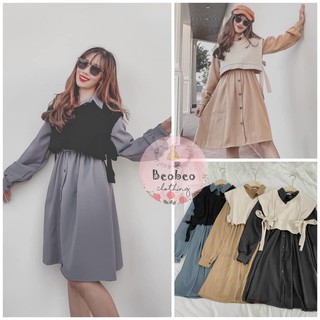 [Ảnh thật] Set đầm sơ mi tay phồng phối nút kèm áo gile thắt nơ vintage