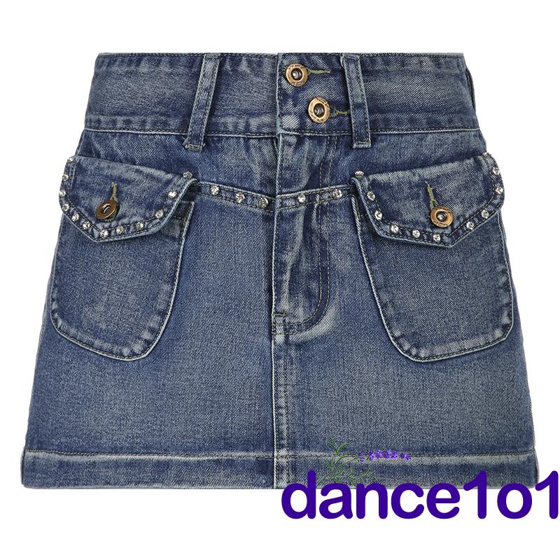 ✲IT✬Women´s Fashion Rhinestone High Waist Flap Pocket Mini Denim Skirts