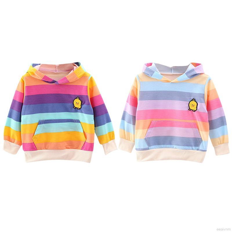 Áo Sweatshirt Có Mũ Họa Tiết Kẻ Sọc Phối Màu Dễ Thương Thời Trang Cho Bé Gái