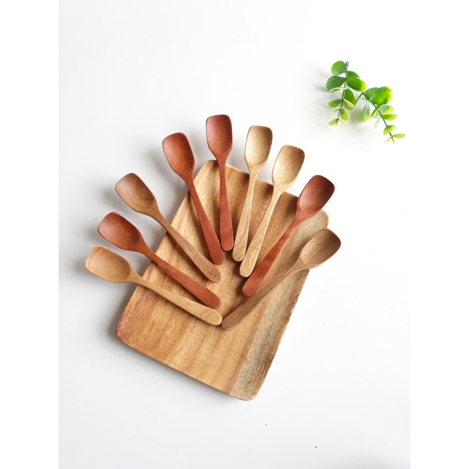 Thìa muỗng cafe, sinh tố gỗ nhãn, gỗ keo đầu vuông màu nâu 13,5 cm x 2,4cm