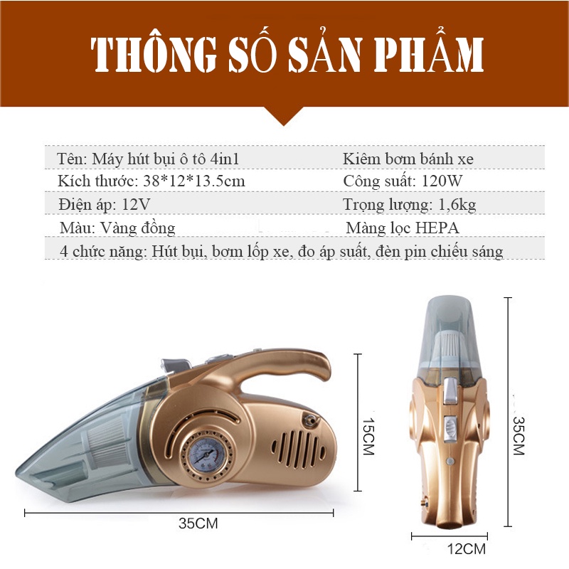 Máy Hút Bụi Ô Tô Xe Hơi Mini Cầm Tay Đa Năng 4 trong 1 Kiêm Bơm Lốp Xe Đèn Pin Và Đo Áp Suất Xe Cắm Tẩu ô tô VTM