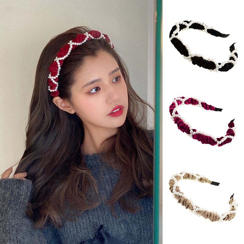 Băng đô cài tóc vải nhung đính hạt ngọc trai nhân tạo phong cách Hàn Quốc mới