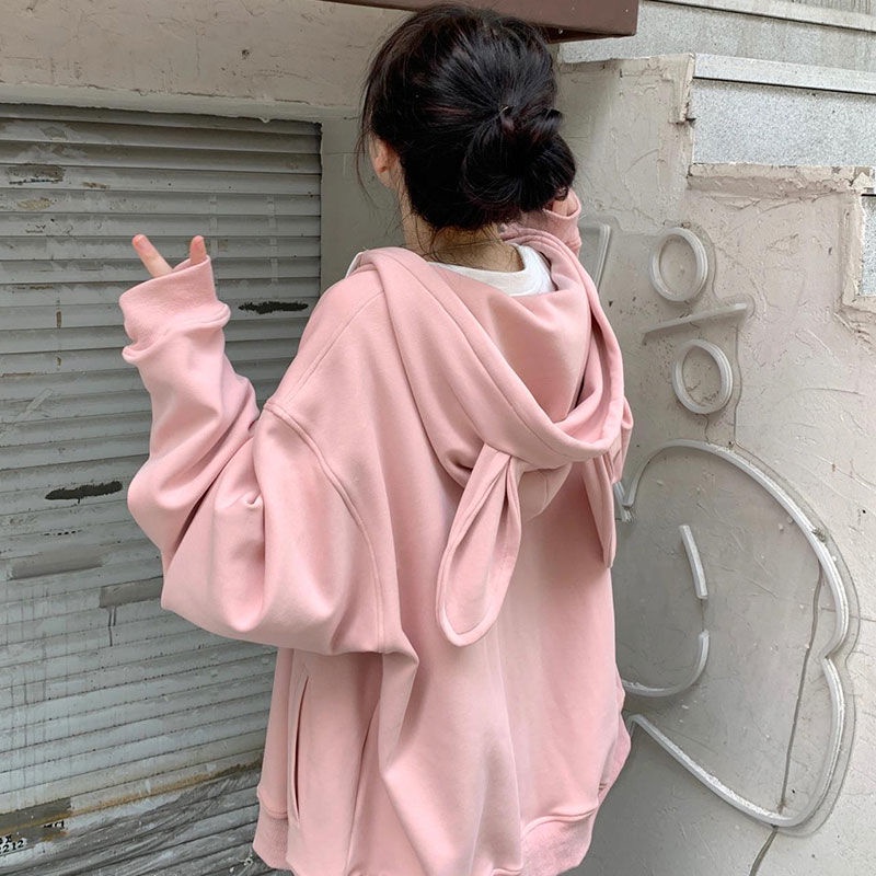 Áo Khoác Cardigan Dáng Rộng Có Khóa Kéo Phối Tai Thỏ Xinh Xắn Theo Phong Cách Thu Đông Nhật Bản Dành Cho Nữ