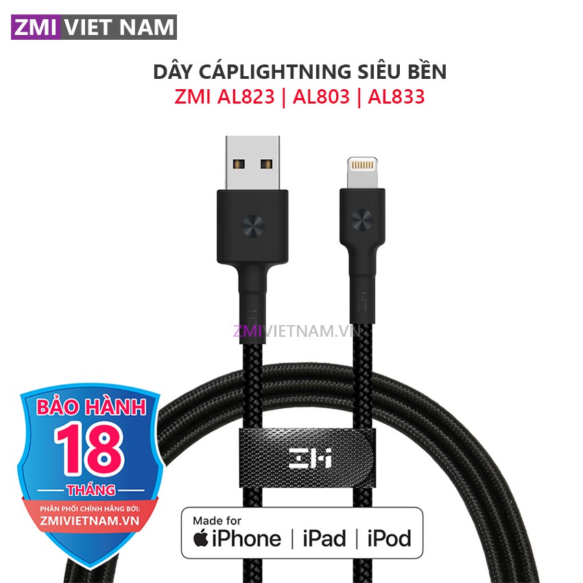 [ ZMI VIỆT NAM ] Dây Cáp Lightning ZMI AL823 / AL803 / AL833 Dài 0.3m / 1m / 2m Chuẩn Mfi Bọc Vải Dù | Bảo Hành 18 Tháng