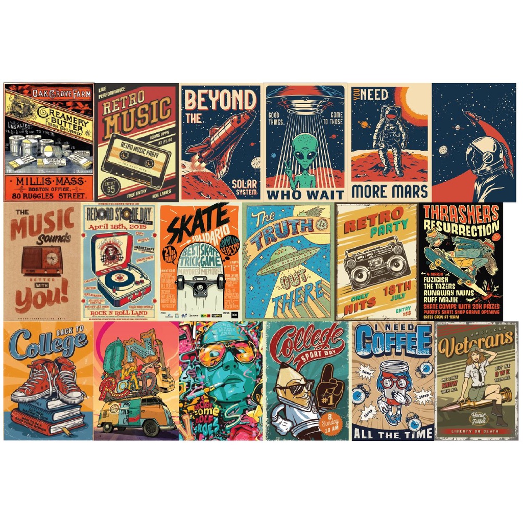 COMBO ~20 HÌNH Decal khổ lớn dán trang trí vintage, RETRO khổ lớn dán Decor phòng, tường .IN THEO YÊU CẦU