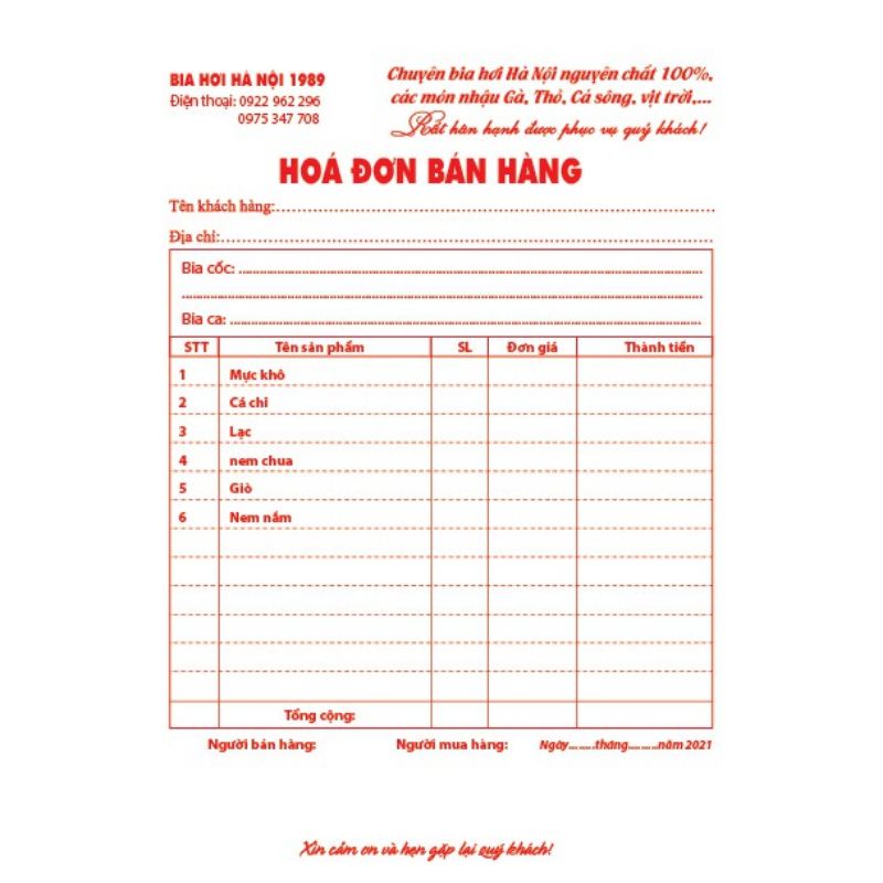 6 quyển hóa đơn A5 hoặc 10 quyển A6