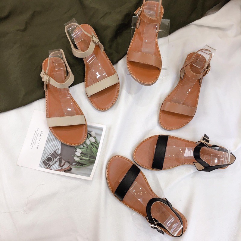 Giày sandal hè Thenysmile, Dép sandal nữ đẹp thời trang chất da bò quai ngang 3 màu cực xinh - ruluzi