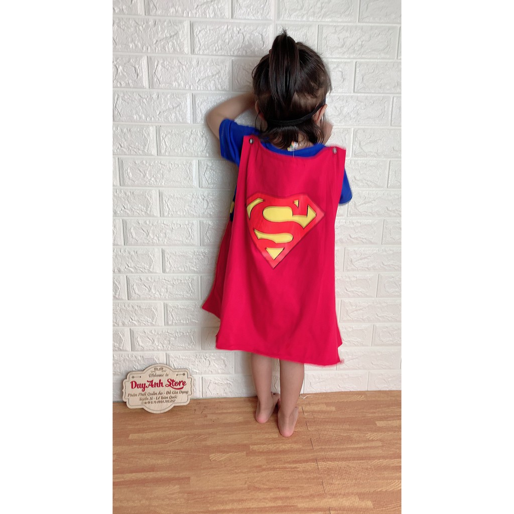 Sét váy siêu nhân anh hùng 3 chi tiết váy, áo choàng, mặt nạ màu xanh chất cotton  4c cho bé gái