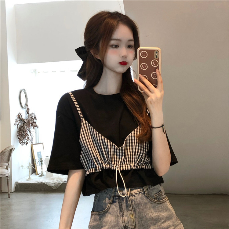 Áo thun tay ngắn giả hai lớp dáng rộng họa tiết caro thời trang mùa hè xinh xắn cho nữ