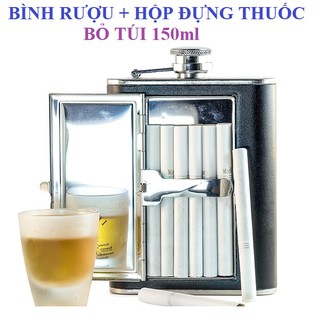 Bình rượu inox 5oz kiêm hộp đựng thuốc lá bọc da sang trọng, dung tích 150ml, độc đáo & cá tính