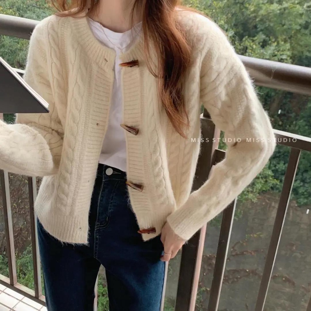 Áo khoác cardigan dệt kim dày dáng rộng phối nút xoắn thời trang đơn giản trẻ trung cho nữ