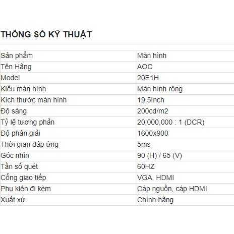 Màn hình AOC  20inch 20E1H  ( LED/HDMI ) :  Bảo Hành Chính Hãng 36T | BigBuy360 - bigbuy360.vn