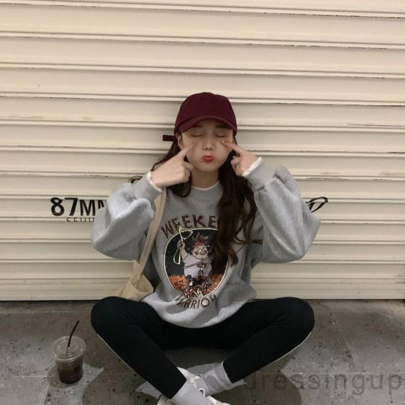 Áo thun tay dài cổ tròn dáng rộng in chữ thời trang mùa thu cho nữ