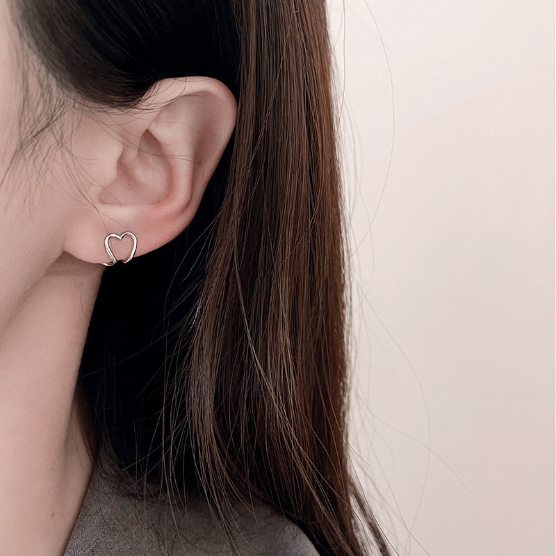 Khuyên Kẹp Vành Tai Hai Lớp Hình Trái Tim Bằng Kim Loại Màu Bạc Sáng Đơn Giản Phong Cách Hàn Quốc