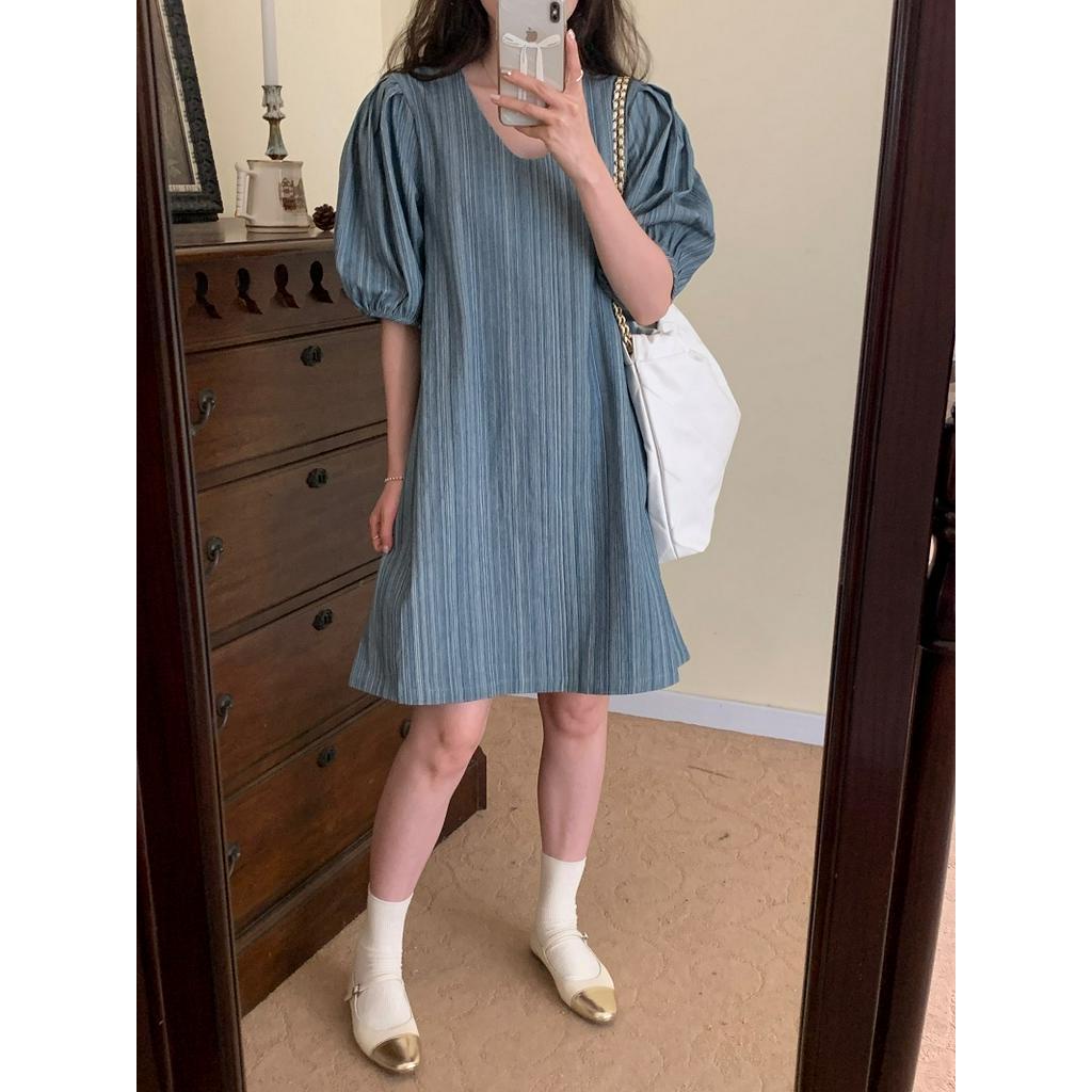 Đầm Denim Cổ V Tay Phồng Dáng Rộng Kẻ Sọc Kiểu Retro Sành Điệu 62245