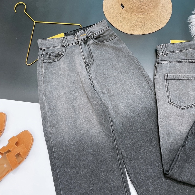 Quần Jeans Loang Xám Ống Rộng Nữ Lưng Cao