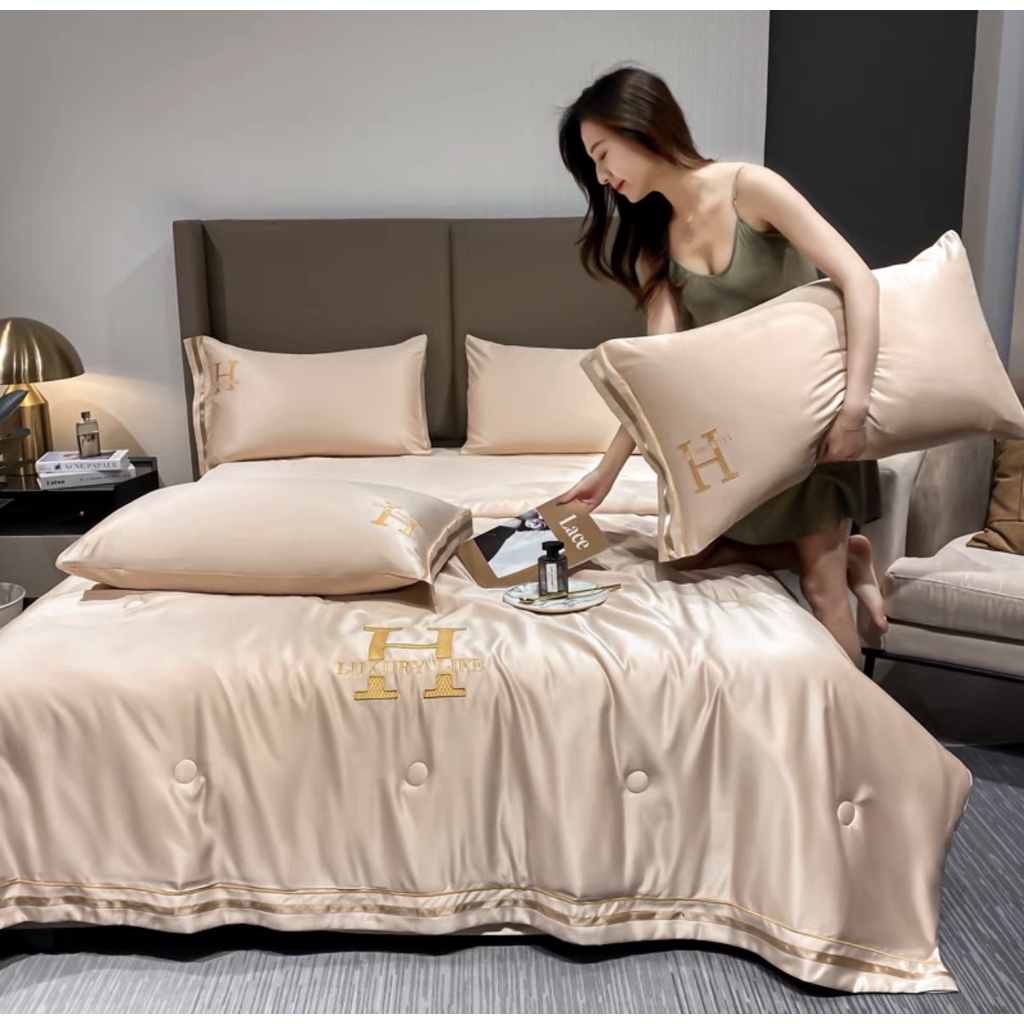Chăn ga gối phi lụa 60s Luxury Life nhập khẩu cao cấp, ga giường và vỏ gối phi lụa siêu mềm mịn họa tiết thêu sang trọng